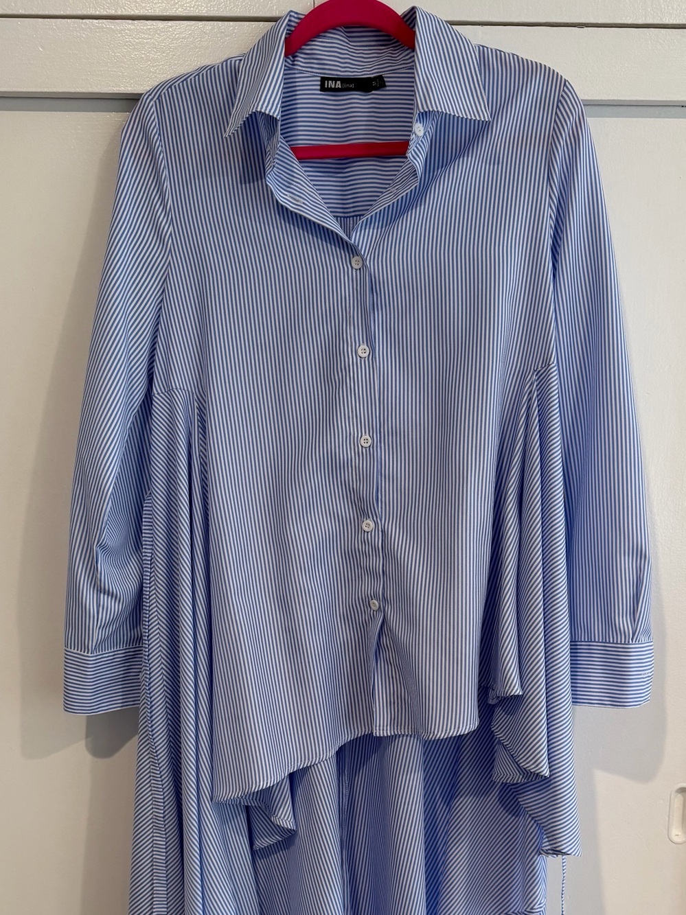 INA Women’s Blue/White Striped Hi-Low Belted Button-Down Shirt Dress M